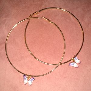 Oversized Gold Pink Butterfly Charm Hoop Earrings XL Big KATTA Hoops Butterflies